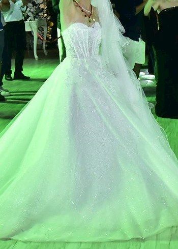 Straplez Işıl Işıl Prenses Gelinlik Uzun Beyaz - Görsel 2