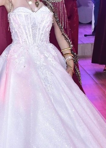 Straplez Işıl Işıl Prenses Gelinlik Uzun Beyaz - Görsel 5