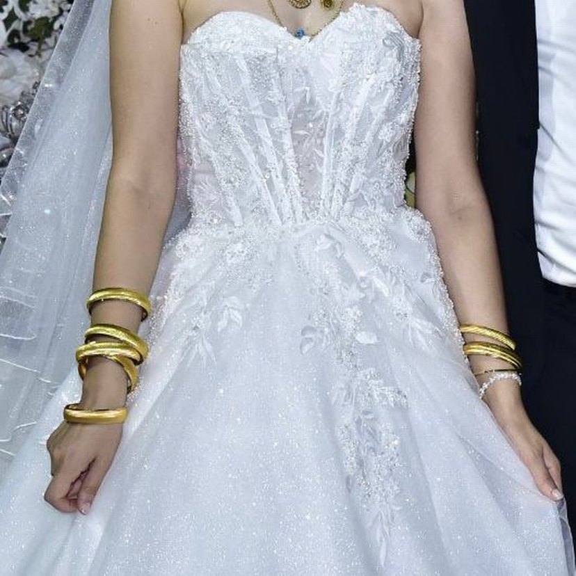 Straplez Işıl Işıl Prenses Gelinlik Uzun Beyaz - Görsel 3