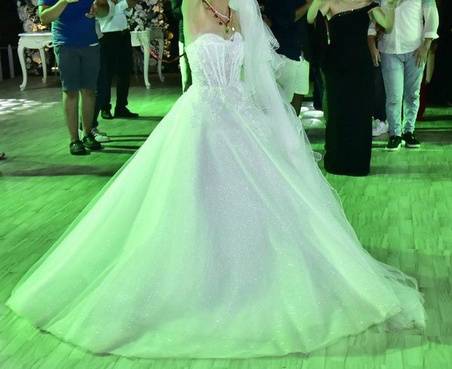 Straplez Işıl Işıl Prenses Gelinlik Uzun Beyaz - Görsel 2