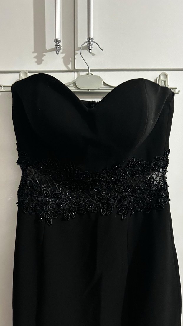 Boncuk İşlemeli Siyah Straplez Uzun Abiye Elbise - Görsel 3