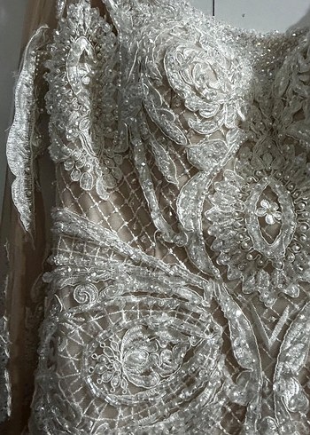 İşlemeli Uzun Kollu Bej Abiye Elbise nişan - Görsel 2