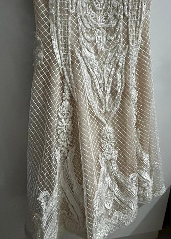 İşlemeli Uzun Kollu Bej Abiye Elbise nişan - Görsel 3