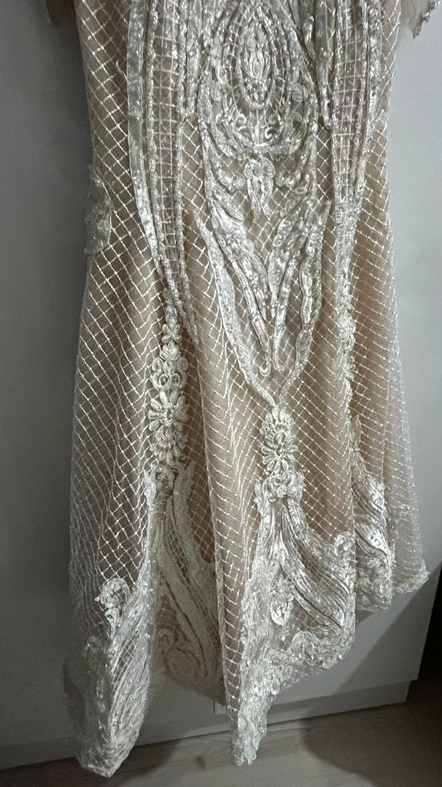 İşlemeli Uzun Kollu Bej Abiye Elbise nişan - Görsel 3