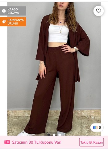 Kadın Kahverengi Uzun Kollu Kimono Takım