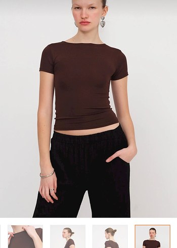Kahverengi Kadın Kısa Kollu Crop Top