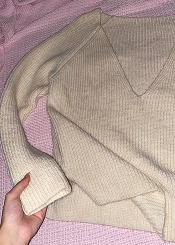 H&M beyaz V Yakalı Örgü Kadın Kazak