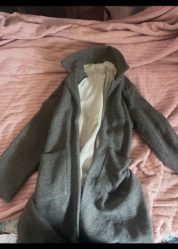 Gri Midi Kadın Keten Palto - Görsel 5