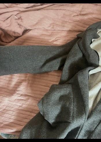 Gri Midi Kadın Keten Palto - Görsel 4