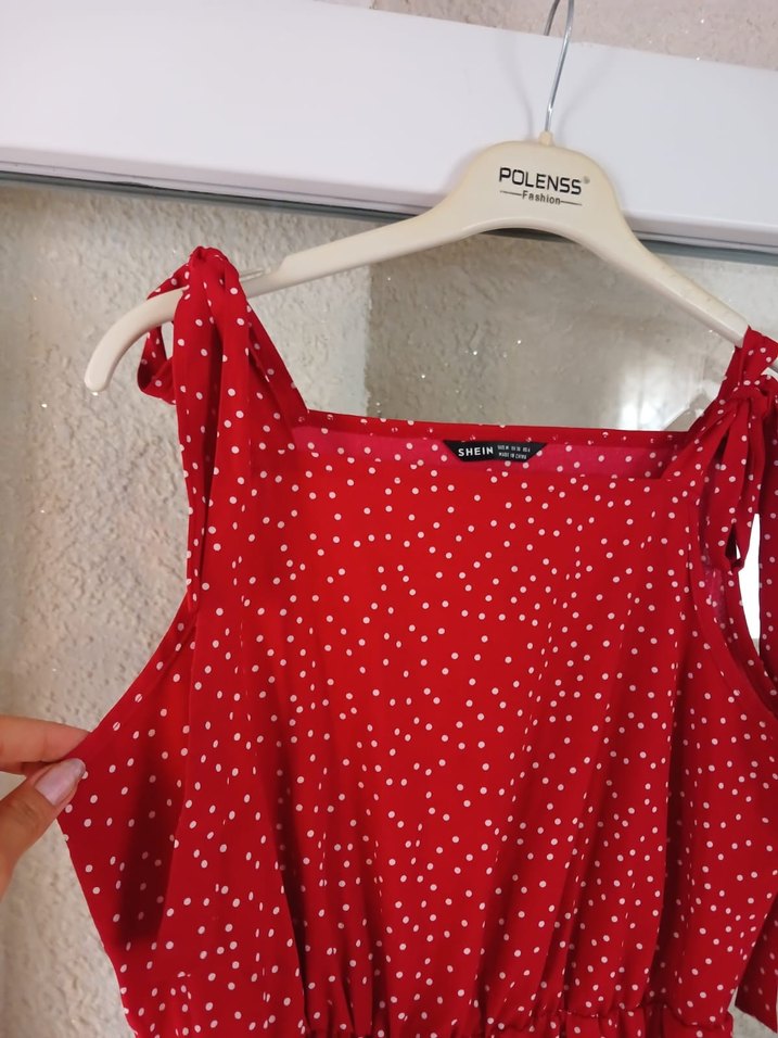 Puantiye Desenli Kırmızı uzun elbise - Görsel 3