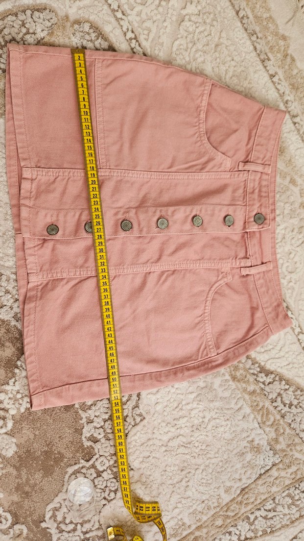 Düğmeli Pembe Kot Mini Etek - Görsel 2