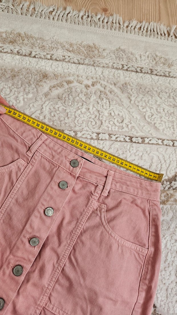 Düğmeli Pembe Kot Mini Etek - Görsel 5