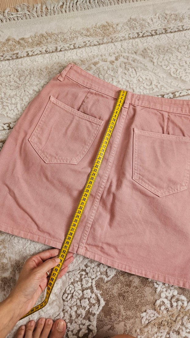 Düğmeli Pembe Kot Mini Etek - Görsel 3