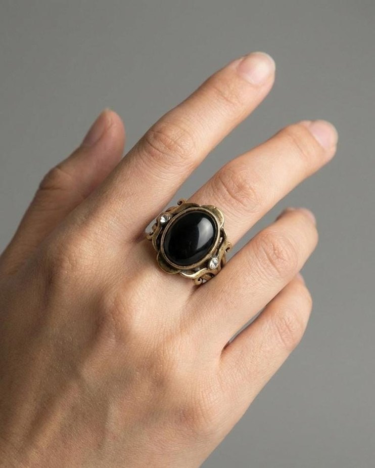 Antik Esintili Oval Oniks Taşlı Bronz Yüzük - Ayarlanabilir - Görsel 2