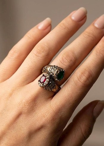 Antik Esintili Yakut ve Zümrüt Renkli Yüzük   - 7 Numara - Görsel 2