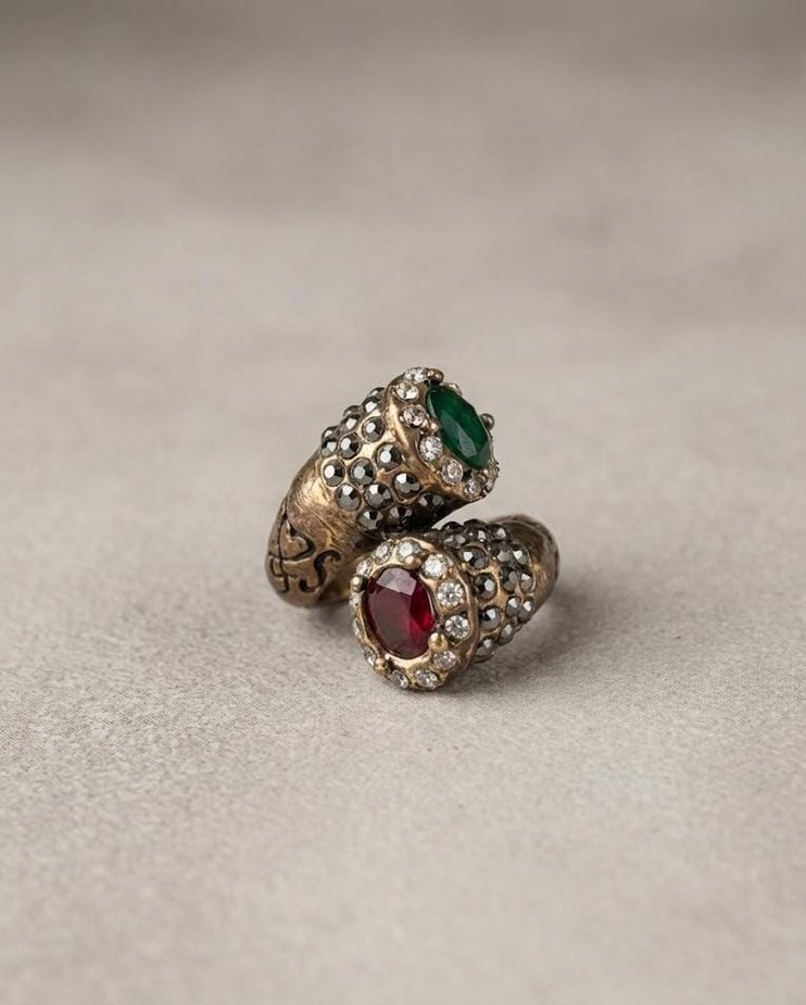 Antik Esintili Yakut ve Zümrüt Renkli Yüzük   - 7 Numara - Görsel 3