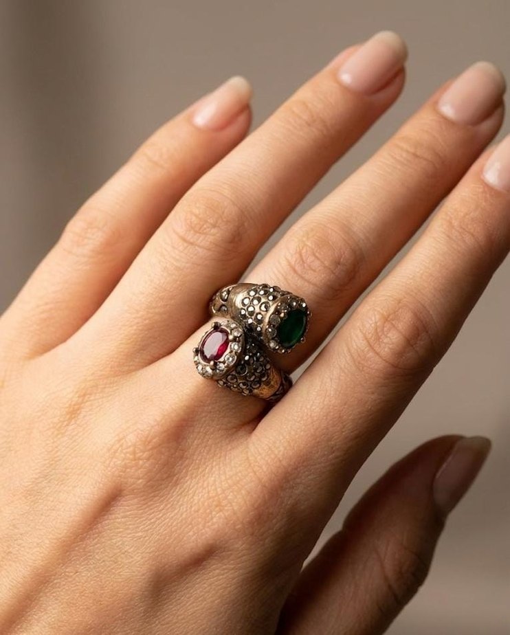 Antik Esintili Yakut ve Zümrüt Renkli Yüzük   - 7 Numara - Görsel 2