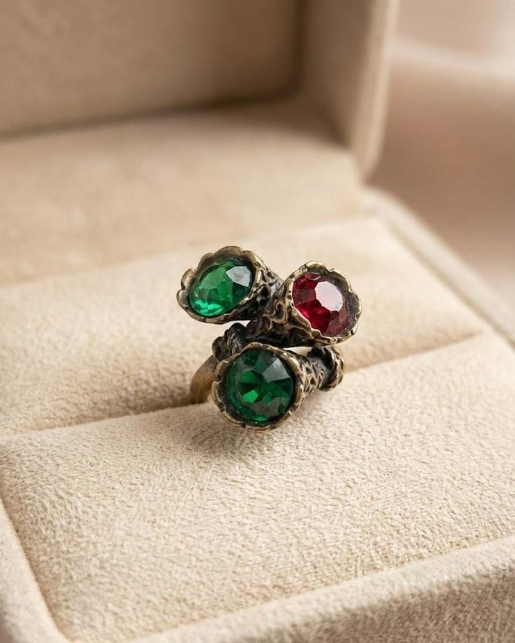 Antika Esintili Üç Taşlı Vintage Yüzük - 7 Numara - Görsel 2