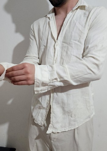 Düğmeli Beyaz Keten Erkek Gömlek - Görsel 3