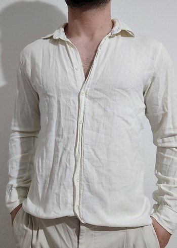 Düğmeli Beyaz Keten Erkek Gömlek - Görsel 2