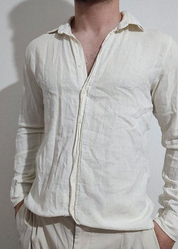 Düğmeli Beyaz Keten Erkek Gömlek - Görsel 4