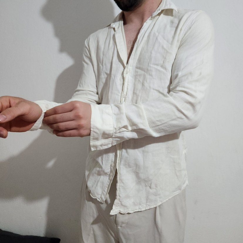 Düğmeli Beyaz Keten Erkek Gömlek - Görsel 3
