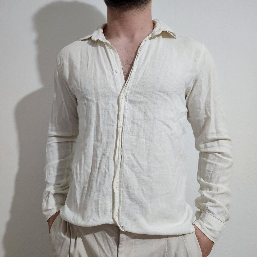Düğmeli Beyaz Keten Erkek Gömlek - Görsel 2