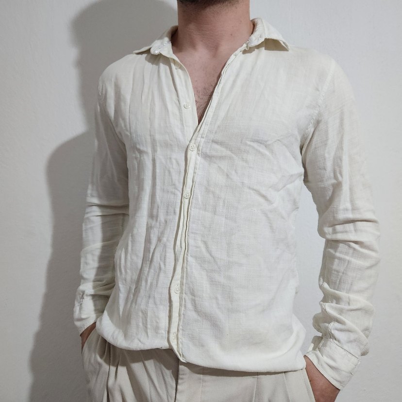 Düğmeli Beyaz Keten Erkek Gömlek - Görsel 4