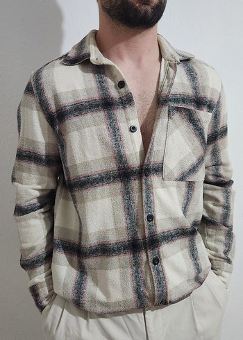 Erkek Bej Gri Kareli Pamuklu oduncu gömlek - Görsel 3