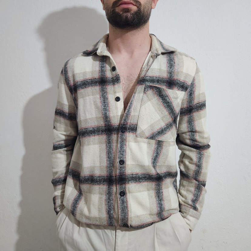 Erkek Bej Gri Kareli Pamuklu oduncu gömlek - Görsel 2