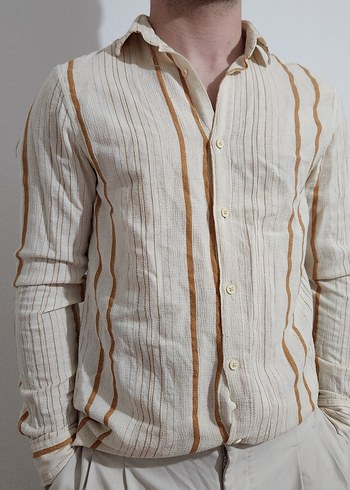 Bej Çizgili Keten Erkek Gömlek - Görsel 3