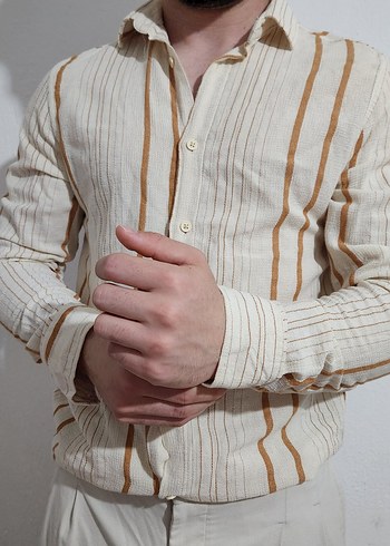 Bej Çizgili Keten Erkek Gömlek - Görsel 4