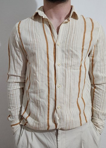 Bej Çizgili Keten Erkek Gömlek - Görsel 2