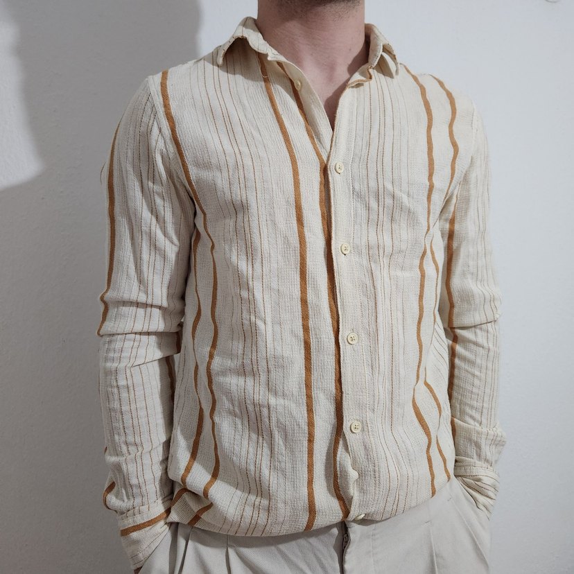 Bej Çizgili Keten Erkek Gömlek - Görsel 3