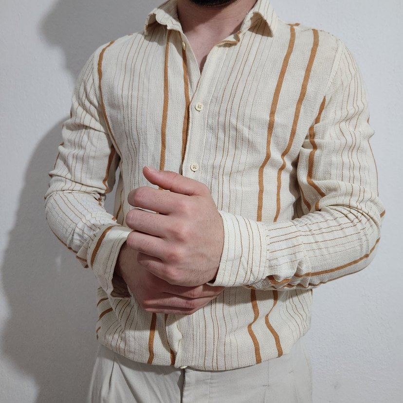Bej Çizgili Keten Erkek Gömlek - Görsel 4