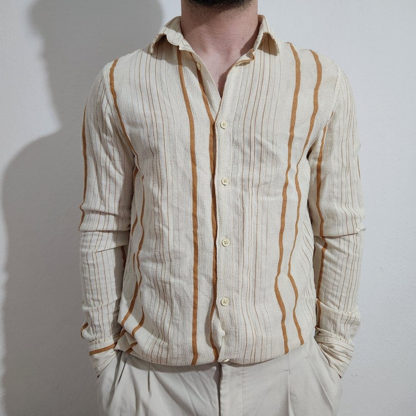 Bej Çizgili Keten Erkek Gömlek - Görsel 2