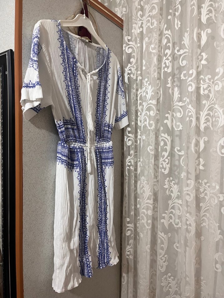 Nakışlı Bohem Uzun Beyaz Kadın Elbise - Görsel 2