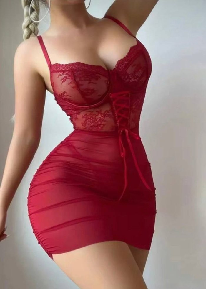 Kırmızı İşlemeli Bohem İp Askılı Mini Elbise - Görsel 2