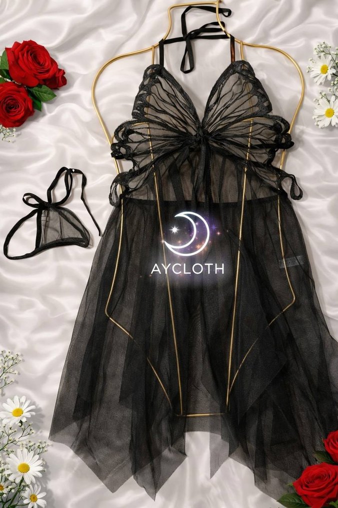 Siyah Gotik Askılı Midi Gecelik - Görsel 3