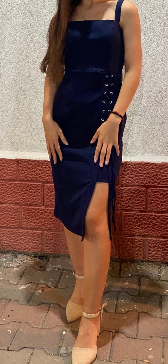 Düğmeli Lacivert  Mini Elbise - Görsel 2