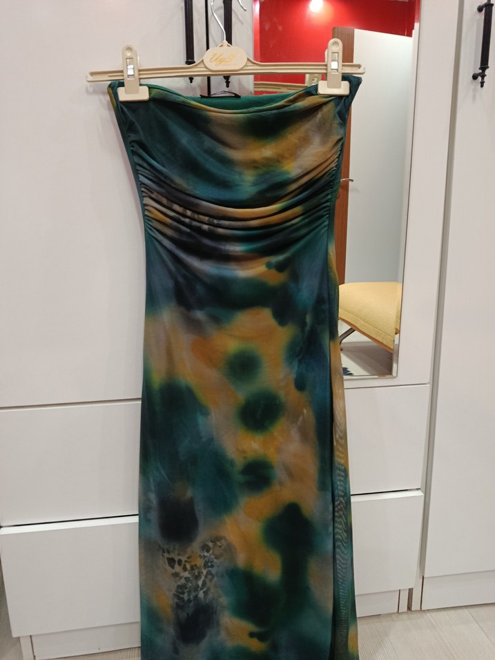 Drapeli, Askısız, Uzun Bağlama Desenli Elbise - Görsel 2