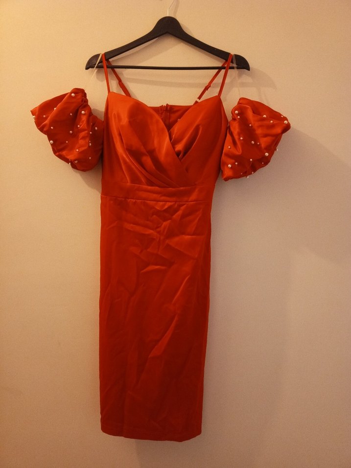 Kırmızı Straplez Mini Nakışlı Abiye Elbise - Görsel 4