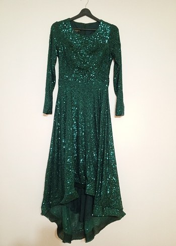 Parlak Yeşil Uzun Kollu Abiye Elbise - Görsel 2