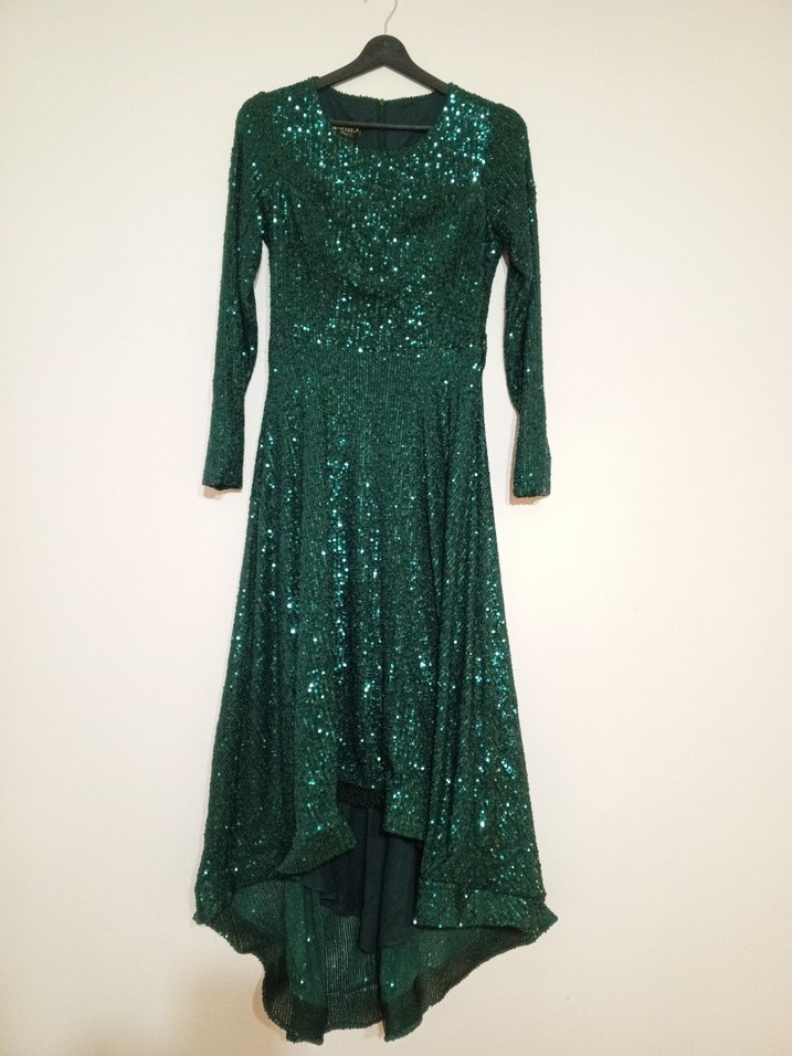 Parlak Yeşil Uzun Kollu Abiye Elbise - Görsel 2