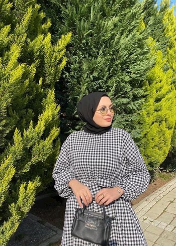 Diğer kuşaklı Kadın Siyah Ekose Uzun Elbise
