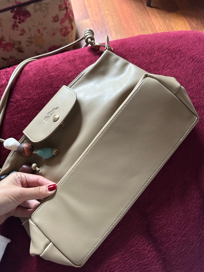 Bej Longchamp Deri Kadın Çanta Püsküllü Bohem - Görsel 3