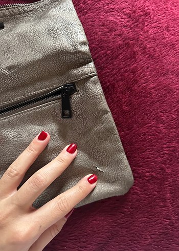 Gri/ dore Deri Kadın Çanta Fermuarlı - Görsel 4