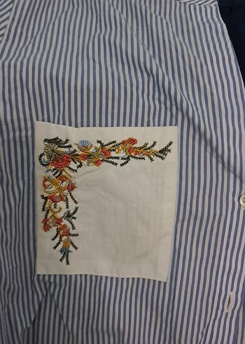ipekyol Nakışlı Mavi Çizgili Uzun Kollu Kadın Gömlek