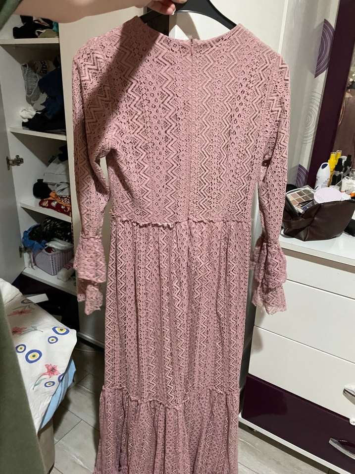 Pembe Uzun Kollu Bohem Örgü Elbise Tesettür - Görsel 2