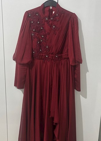Bordo Uzun Kollu Nakışlı Abiye Elbise